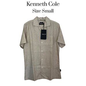 NWT Kenneth Cole men's  button down linen blend short sleeve shirt oatmeal small